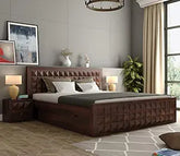 ONIJA  Solid Sheesham Wood Queen Size Bed with Drawer Storage Wooden Double Bed Palang Bed for Bedroom Living Room Furniture - WALNUT FINISH